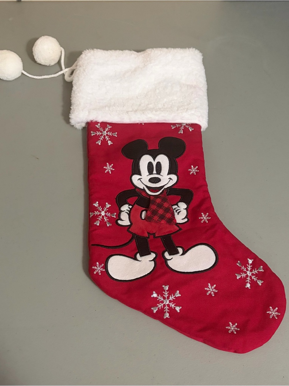 St Nicholas Square Disney MICKEY MOUSE Christmas Stocking Red White Pom Pom Snow